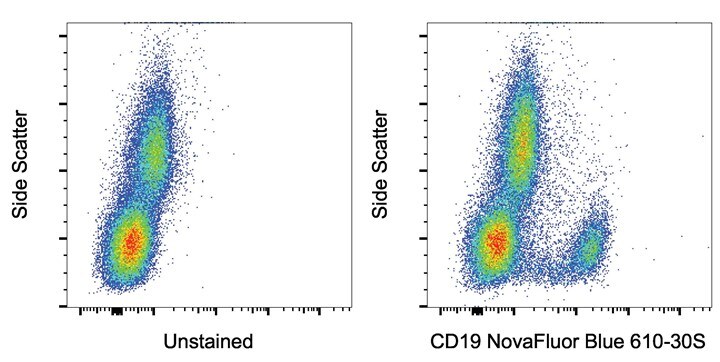 Unstained and CD19 NovaFluor Blue 610-30S-stained normal human PBMCs Side scatter plot with unstained and CD19 NovaFluor Blue 610-30S-stained normal human PBMCs