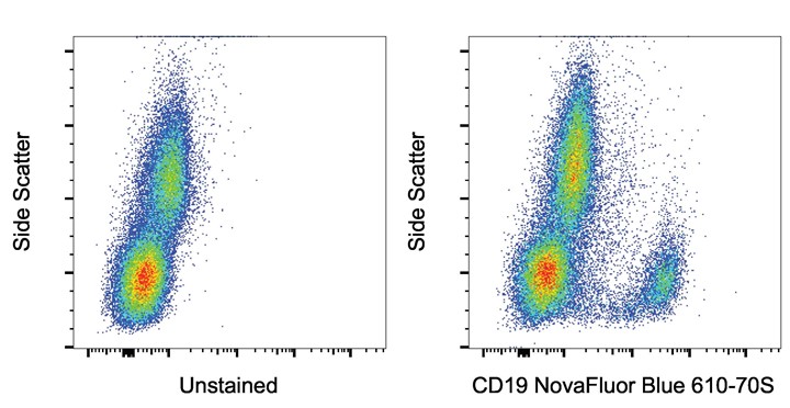 Unstained and CD19 NovaFluor Blue 610-70S-stained normal human PBMCs Side scatter plot with unstained and CD19 NovaFluor Blue 610-70S-stained normal human PBMCs