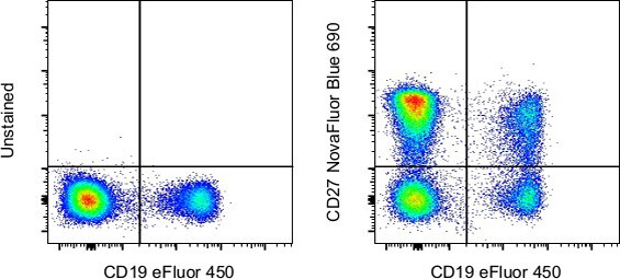 Unstained and CD19/CD27 NovaFluor Blue 690-stained human PBMCs 2-panel scatter plots of human PBMCs, unstained vs CD19-stained and CD27-stained vs CD19-stained