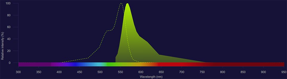 NovaFluor Yellow 570 spectra NovaFluor Yellow 570 excitation shown as dotted line and emission shown as solid yellow histogram