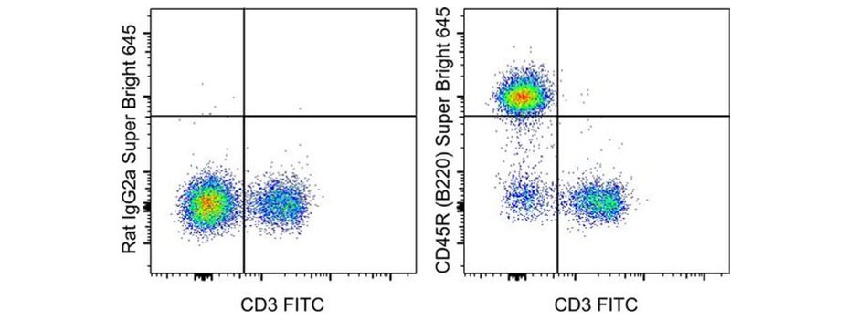Super Bright 645 conjugated antibody staining performance with mouse splenocytes 2-panel scatter plots of mouse splenocytes, IgG2a-stained vs. CD3-stained and CD45R-stained vs. CD3-stained