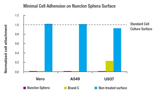 Cell adhesion results graph showing attachment for 3 cell types to Nunclon Sphera surface and to a competitor's surface