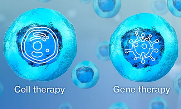 Two floating blue stem cells Illustrated blue stem cells overlaid with icons representing cell therapy and gene therapy