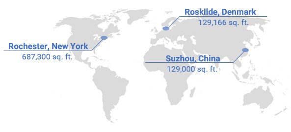 Our global manufacturing capabilities global map highlighted New York, China and Denmark