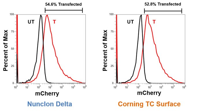 graphed results of flow cytometry analysis of CHO-K1 cells grown on Nunclon Delta surface or on Corning TC surface flow cytometry histograms of fluorescently stained CHO-K1 cells grown on Nunclon Delta surface or on Corning TC surface
