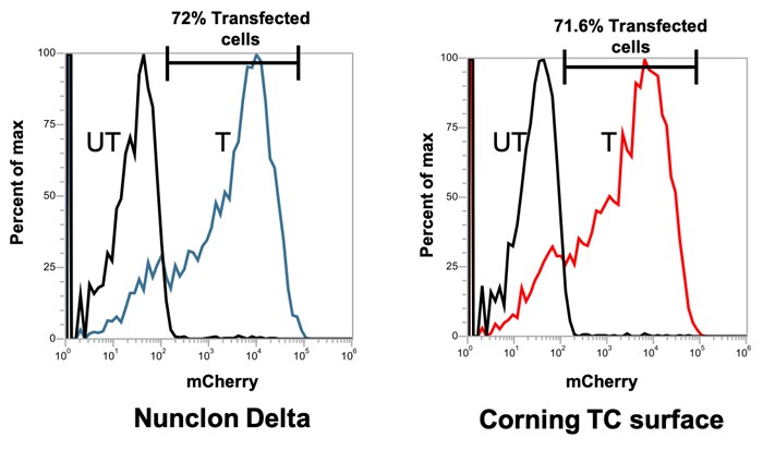 graphed results of flow cytometry analysis of HEK293 cells grown on Nunclon Delta surface or on Corning TC surface flow cytometry histograms of fluorescently stained HEK293 cells grown on Nunclon Delta surface or on Corning TC surface