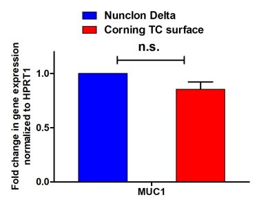 Graphed results of gene expression in MCF-10A cells when grown on Nunclon Delta or on Corning TC surface Bar chart showing gene expression of 2 endogenous genes in MCF-10A cells when grown on Nunclon Delta or on Corning TC surface