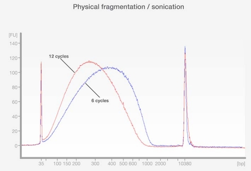 Dependence of average fragment length distribution on number of sonication cycles Dependence of average fragment length distribution on number of sonication cycles