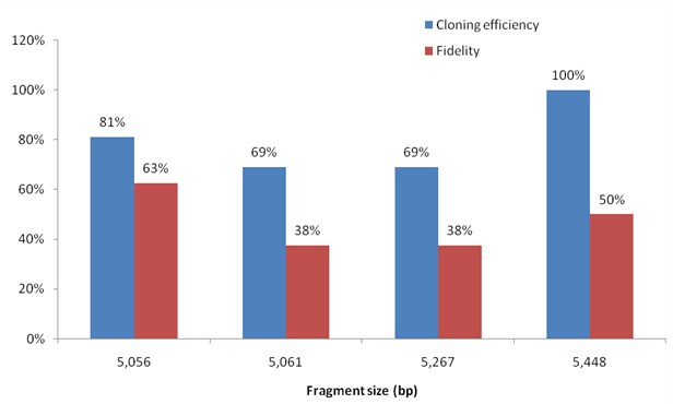 GeneArt Type IIS assembly example with multiple Strings DNA Fragments Chart showing cloning efficiency and fidelity of eight strings fragments of different lengths up to 2.8kb assembled using the GeneArt type IIS Assembly Kits Aar I