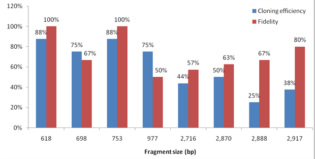 Restriction cloning example using GeneArt Strings DNA Fragments Chart showing cloning efficiency and fidelity of eight strings fragments up to 3kb cloned using restriction enzymes