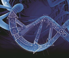 Strings DNA fragments Artistic rendering of a DNA helix with a synthetic biology design
