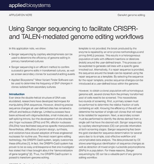 使用 Sanger 测序促进 CRISPR 和 TALEN 介导的基因组编辑工作流程 使用 Sanger 测序促进 CRISPR 和 TALEN 介导的基因组编辑工作流程