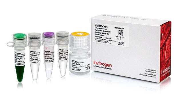 Platinum Direct PCR Master Mix Product photo of package, four tubes of reagents, and one vial of lysis buffer