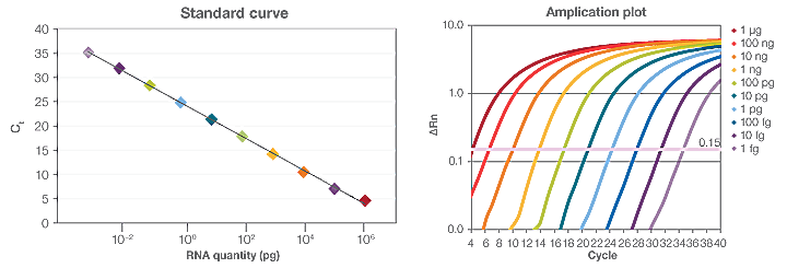 SuperScript IV VILO Master Mix standard curve and amplification plot Two graphs demonstrating the superior linearity across 10 orders of magnitude for a range of input RNA of SuperScript IV VILO Master Mix