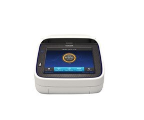 SimpliAmp Thermal Cycler Front angle on the SimpliAmp Thermal Cycler, including the user interface home screen