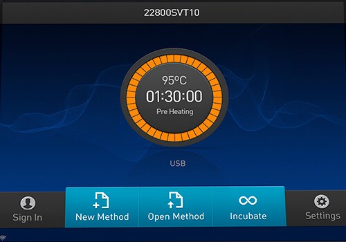 SimpliAmp Thermal Cycler user interface Screenshot of the SimpliAmp Thermal Cycler user interface Pre-Heating countdown to 95°C at 1:30:00 with icons such as “Sign In”, “New Method”, “Open Method”, “Incubate”, and “Settings”