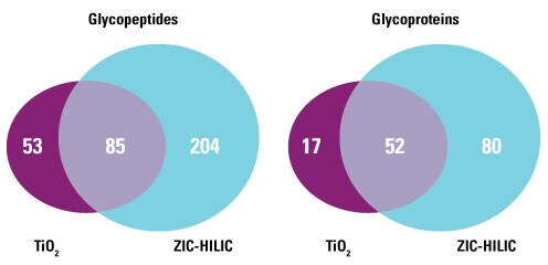 Comparison of TiO2 vs ZIC-HILIC for enrichment of human serum glycopeptides. Comparison of TiO2 vs ZIC-HILIC for enrichment of human serum glycopeptides.