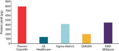 Pierce Ni-NTA 磁性琼脂糖和其他供应商的产品之间的蛋白得率比较 Pierce Ni-NTA 磁性琼脂糖和其他供应商的产品之间的蛋白得率比较
