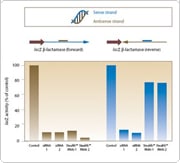 比较 Stealth RNAi 和标准 siRNA 的靶标基因特异性的柱状图。 比较 Stealth RNAi 和标准 siRNA 的靶标基因特异性的柱状图。