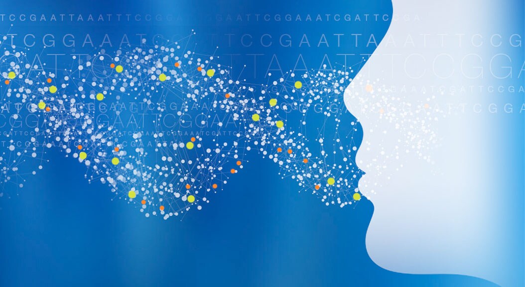 Blue ATGC pattern with human head and DNA pattern Blue ATGC pattern with human head and DNA pattern