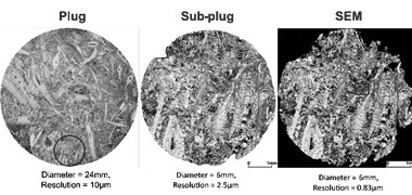 Multiscale analysis of a core plug from millimeter-scale microCT analysis down to micrometer SEM imaging of two regions of interest. Core plug analyzed with microCT and SEM at multiple scales.