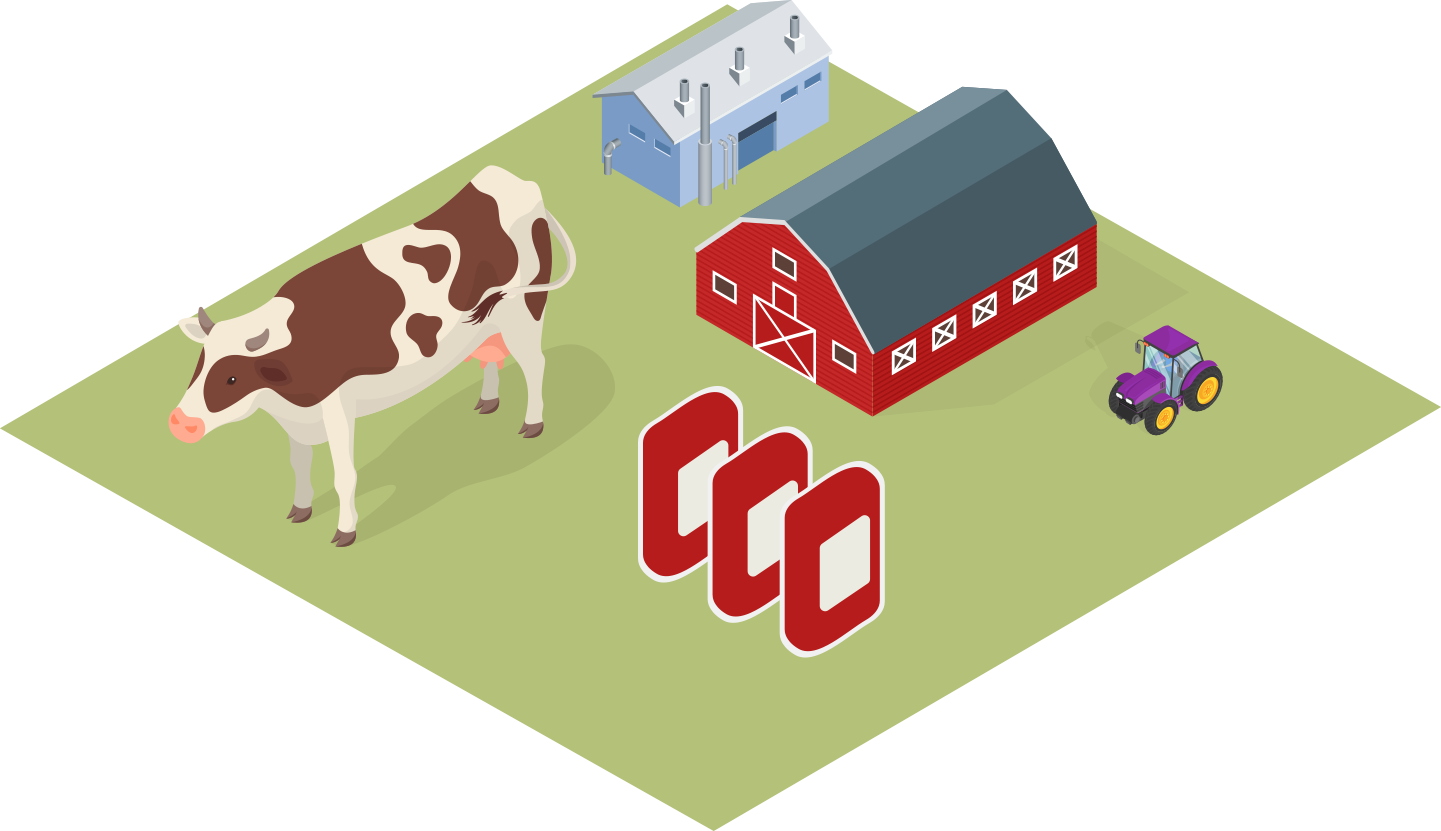 FBS collection Illustration of a cow, farm, and FBS collected at a facility
