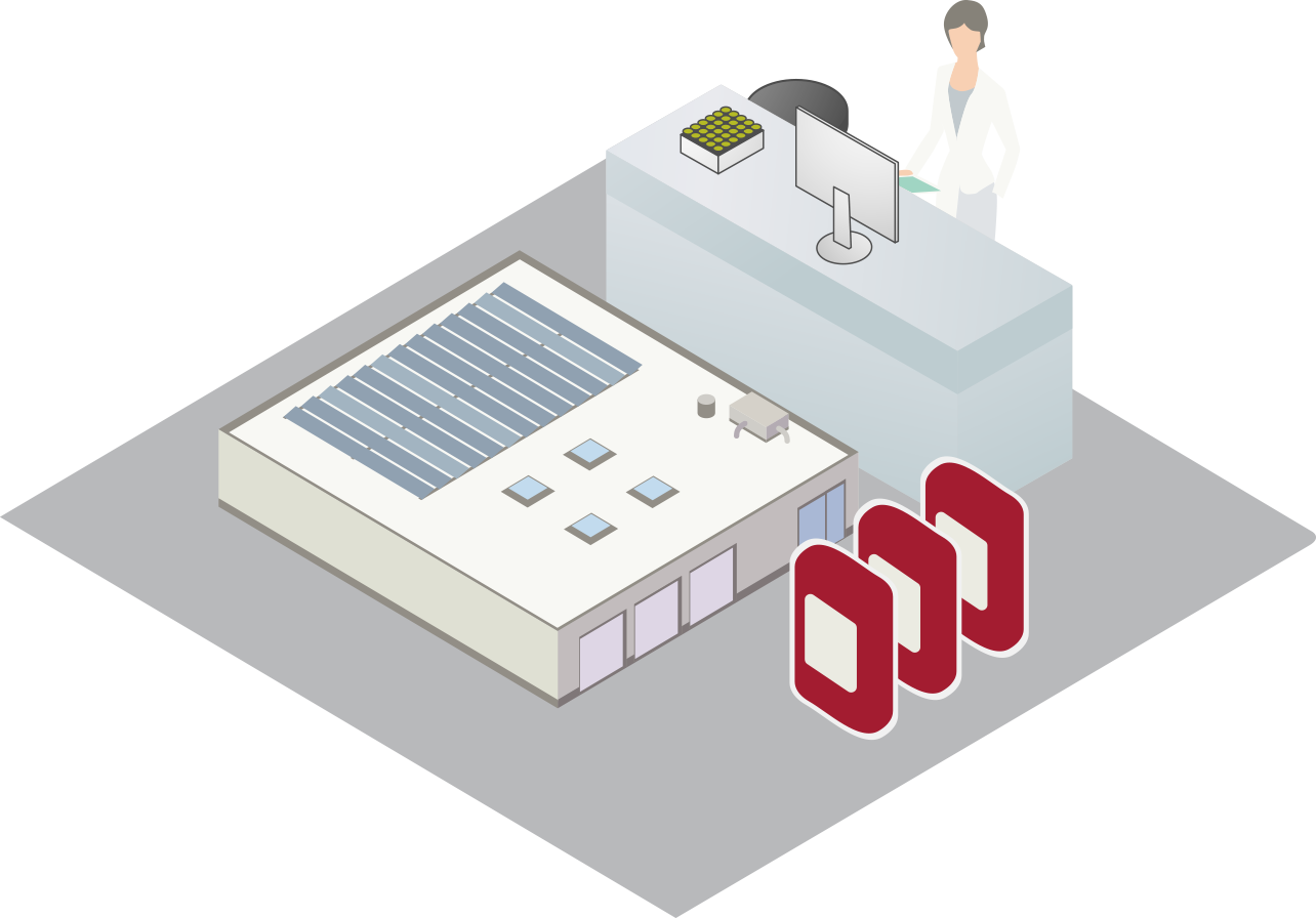 FBS packaging Illustration of a scientist analyzing and processing FBS at a specialized facility