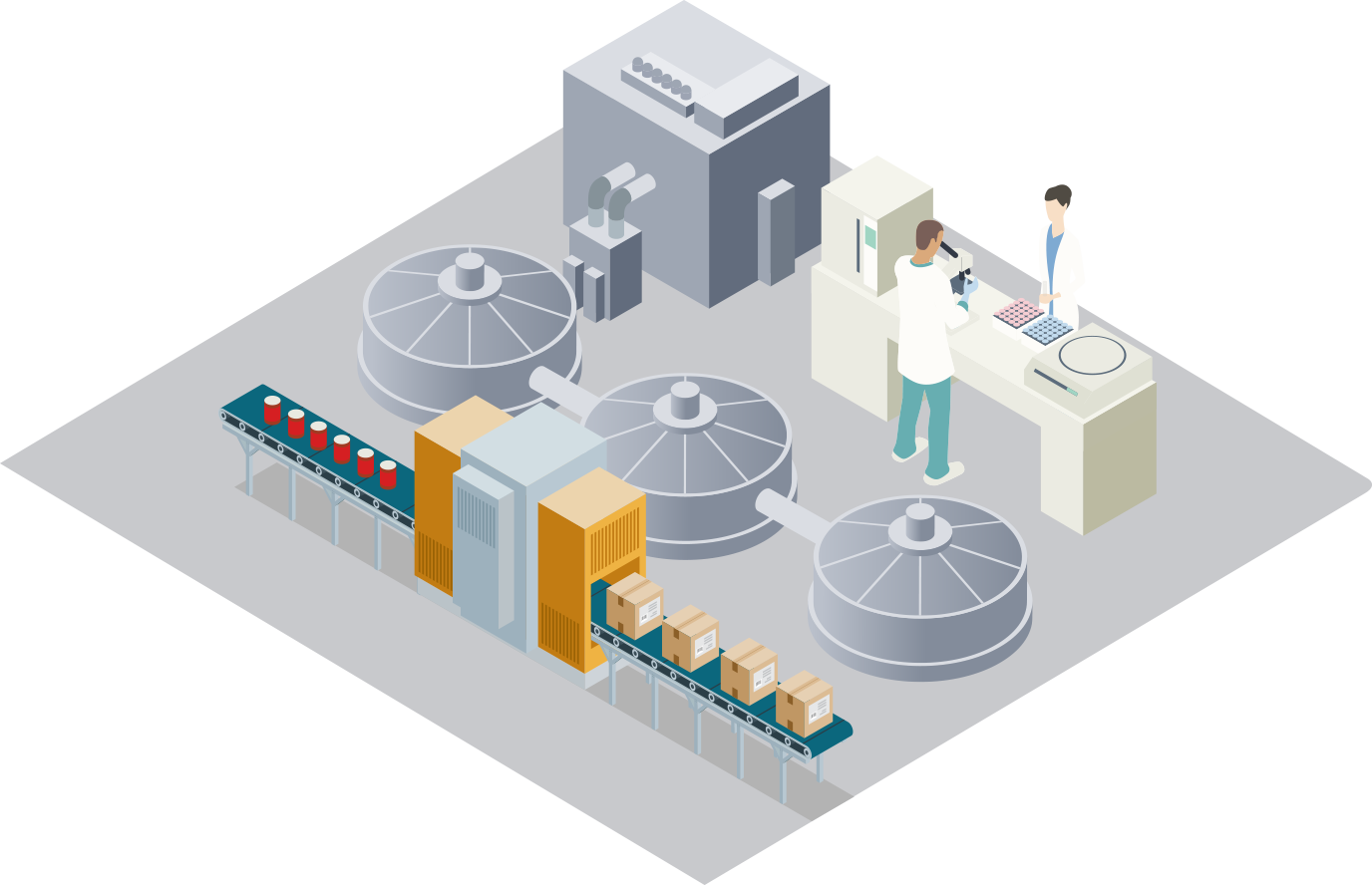 FBS centrifugation Illustration of scientists analyzing and centrifuging FBS at a specialized manufacturing facility and FBS bottles are shown being packaged for shipping