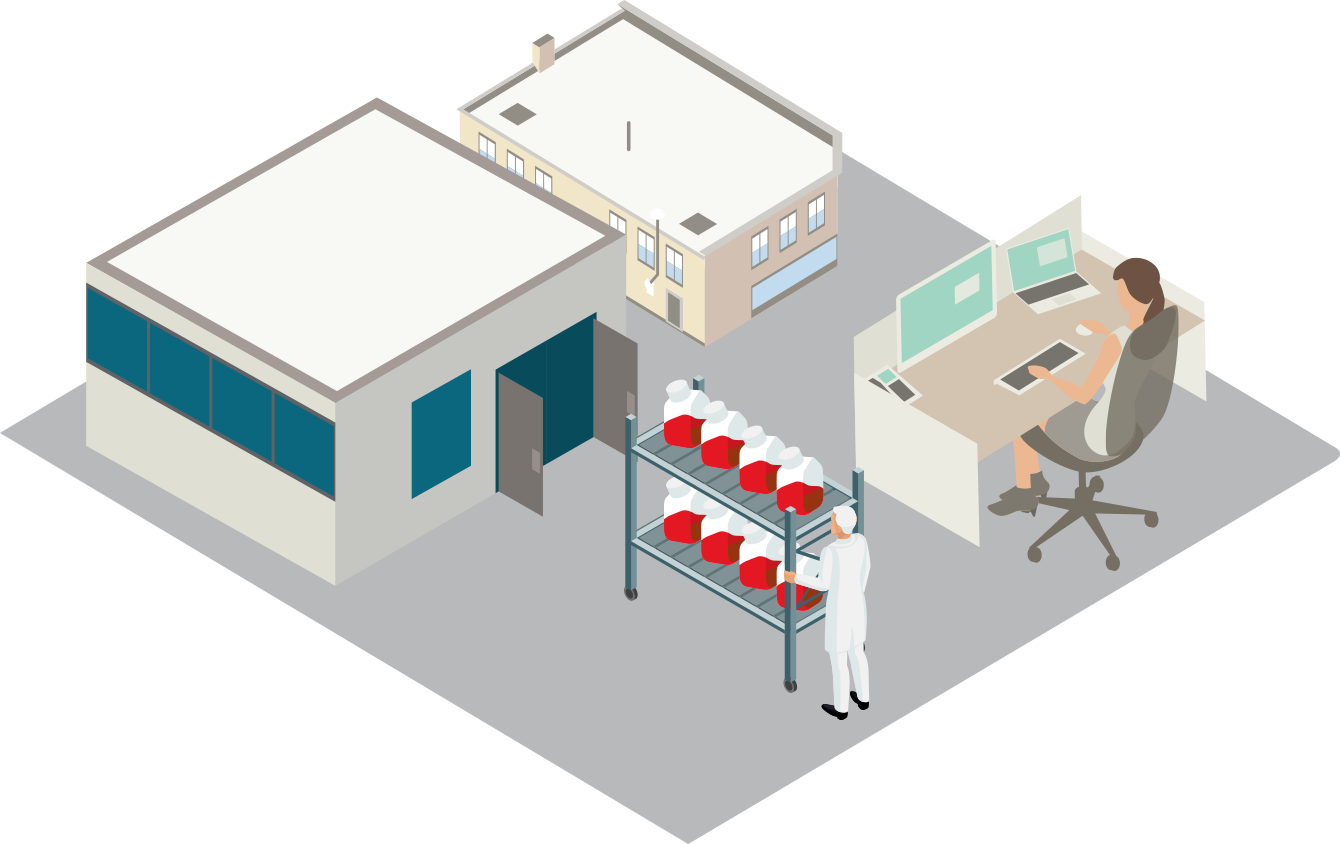 FBS storage freezers Illustration showing workers at an FBS processing facility while one individual is prepping a rack of FBS bottles for storage in the freezer while another works at a computer