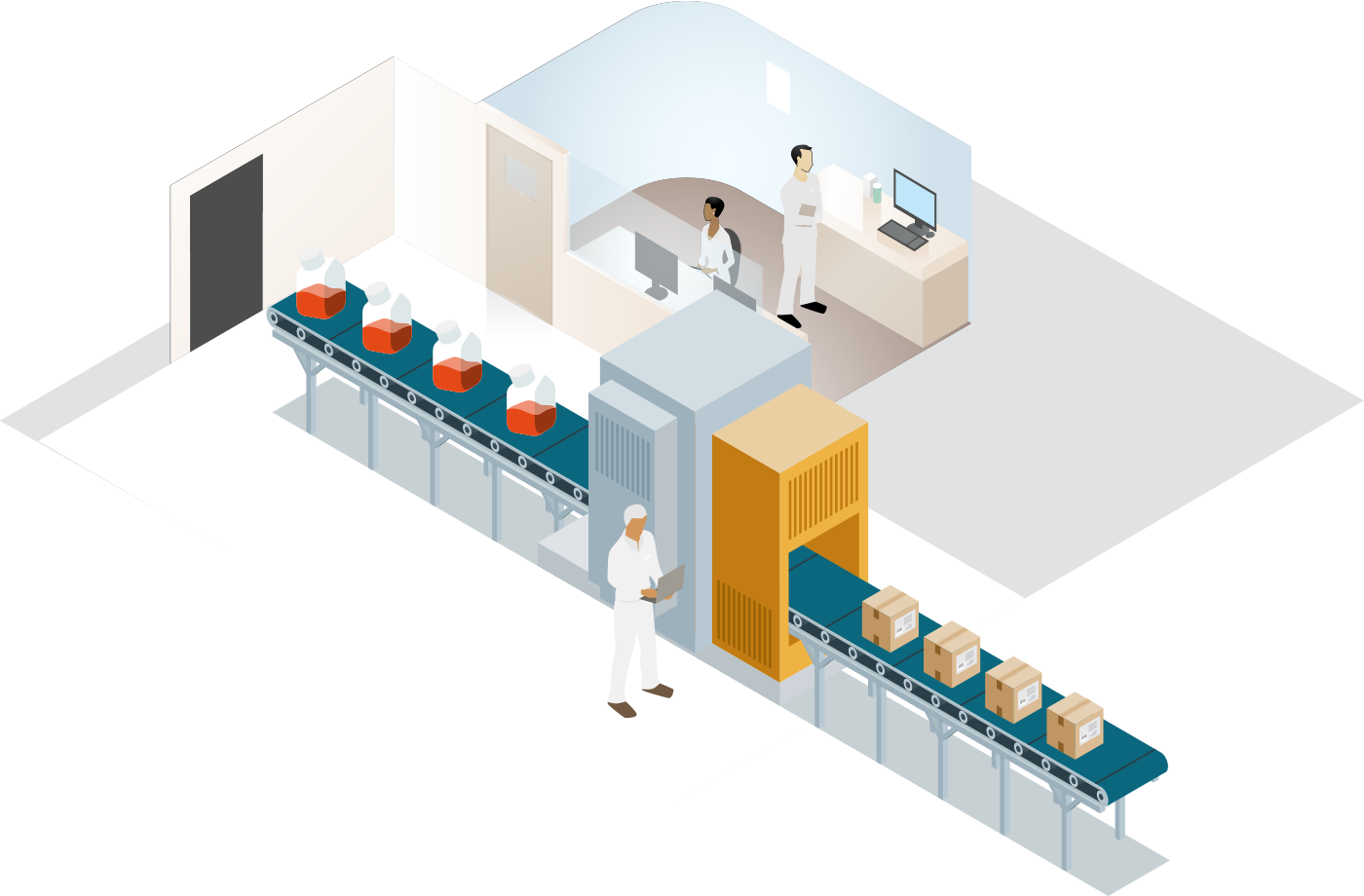 FBS quality checks Illustration showing individuals analyzing and testing FBS at a processing facility and finished bottles of FBS are shown being packaged into boxes for shipping