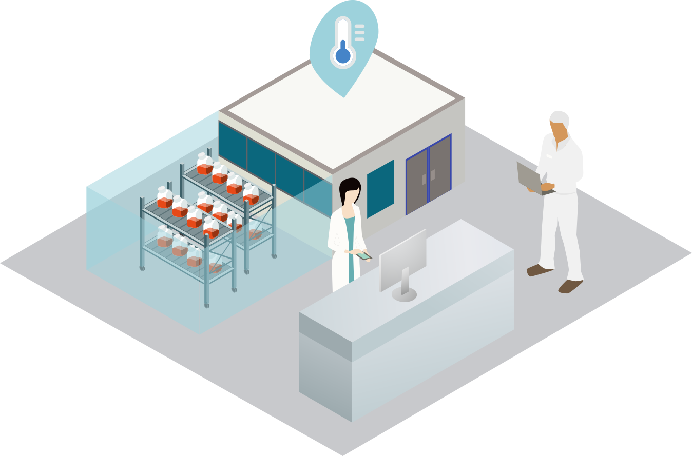 FBS thawing Illustration showing two individuals working in an FBS processing facility where raw serum is being thawed