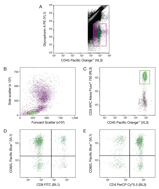 s008334-bp71-no-comp-fig3 5-panel histogram figure showing optimal design of a no-lyse/no-wash, 6-color immunophenotyping panel for human T cell subsets