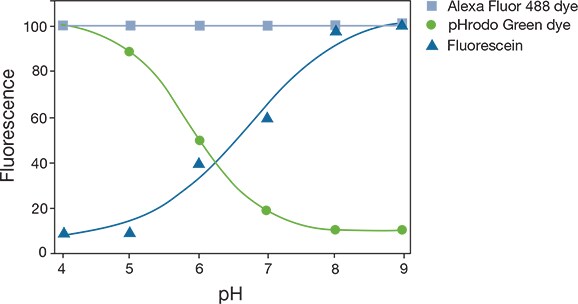 pH response of Alexa Fluor 488 dye and pHrodo Green dye and fluorescein pH response of Alexa Fluor 488 dye and pHrodo Green dye and fluorescein