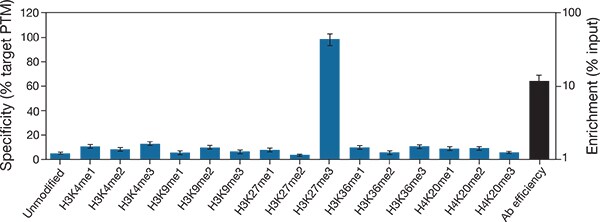Histone PTM specificity analysis of an Invitrogen anti-H3K27me3 antibody Histone PTM specificity analysis of an Invitrogen anti-H3K27me3 antibody