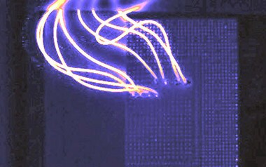Ohmic short detection, showing wires soldered to a device. Ohmic short detection, showing wires soldered to a device.