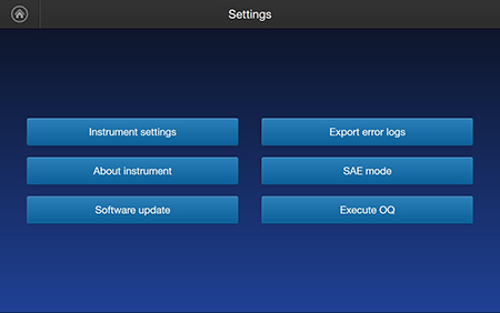 Settings screen On the settings screen you can select from Instrument settings, About instrument, Software update, Export error logs, SAE mode, and Execute OQ. Select Software update to upload the software to your Countess.