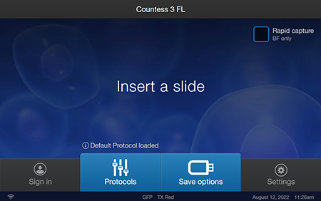 Countess 3 FL home screen Options on the home screen include “Insert a slide", Sign in, Protocols, Save options, Settings, and Rapid capture selection for Brightfield only.
