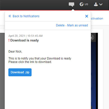 Notification Notification to download the license key file