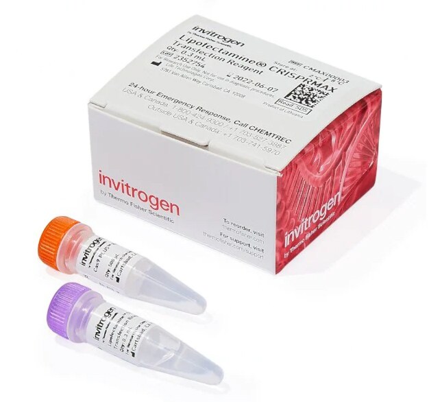 Lipofectamine CRISPRMAX Cas9 Transfection Reagent product box and tubes containing Lipofectamine CRISPRMAX Cas9 Transfection Reagent
