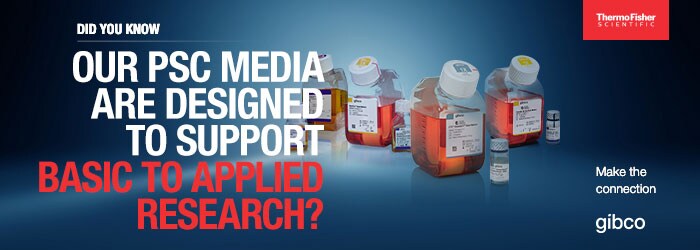 Pluripotent Stem Cell (PSC) Culture Media Pluripotent Stem Cell (PSC) Culture Media bottles on a blue background